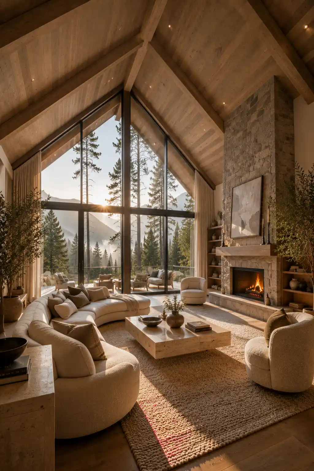 Luxury A frame living room featuring soaring slanted wood ceilings, dramatic floor to ceiling glass windows overlooking mountains and pine trees, contemporary stone fireplace, curved cream sectional sofa, warm oak ceiling beams, oversized coffee table, elegant modern cabin interior, vaulted ceiling living room inspiration with breathtaking natural views and abundant sunlight.