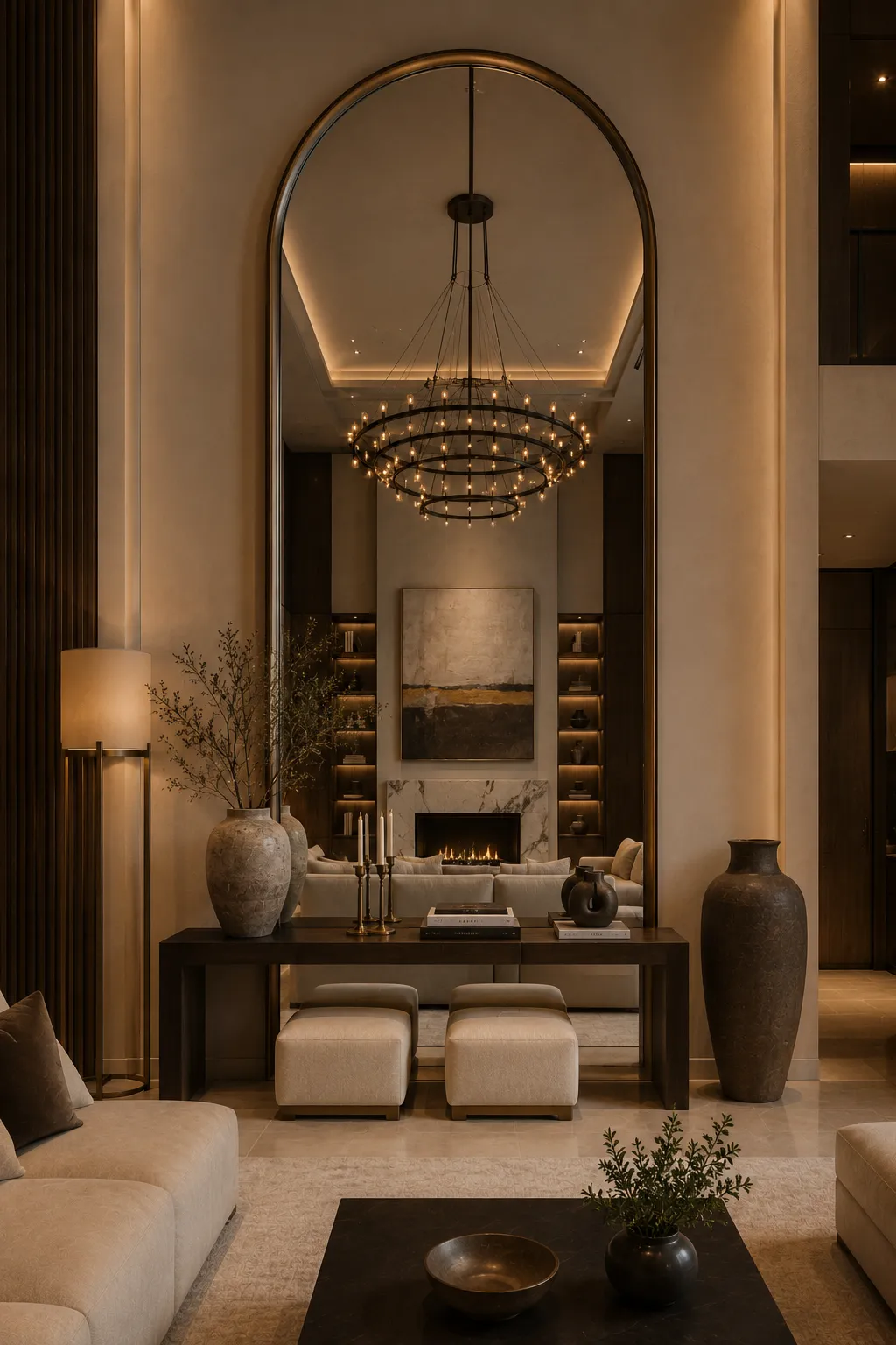 Sophisticated high ceiling living room featuring an oversized floor to ceiling arched mirror with a slim bronze frame, reflected statement chandelier, dark wood console table, large ceramic floor vases, tall decorative branches, neutral stools, and warm luxury decor.
