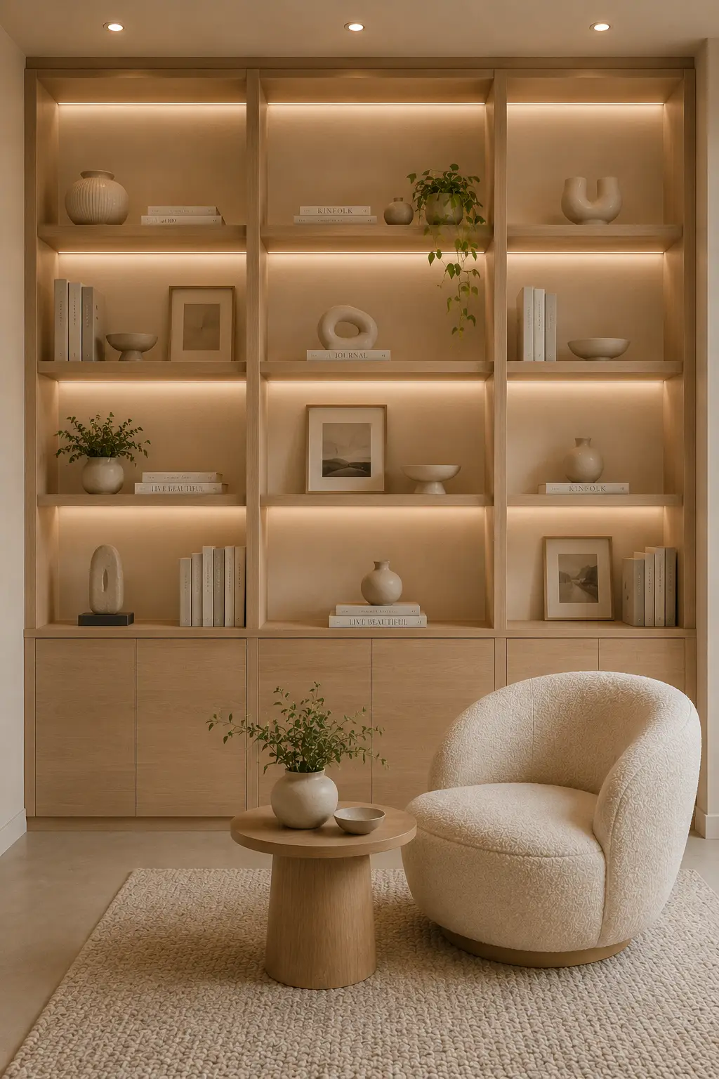 Minimal oak bookshelf wall with pale natural wood shelving, warm built in lighting, handle free lower cabinets, neutral books, simple ceramic vases, framed artwork, soft greenery, a cream boucle chair, and a matching wooden side table.