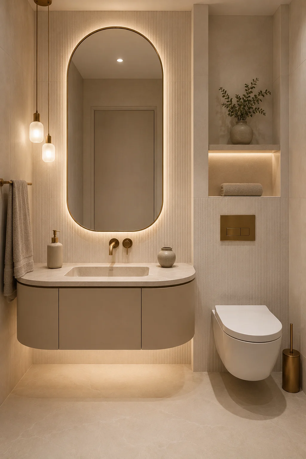 Elegant small bathroom featuring a curved floating taupe vanity, tall arched LED backlit mirror, textured vertical wall tiles, brushed brass wall mounted faucet, delicate pendant lights, illuminated built in niches, wall hung toilet, and warm cream stone flooring.