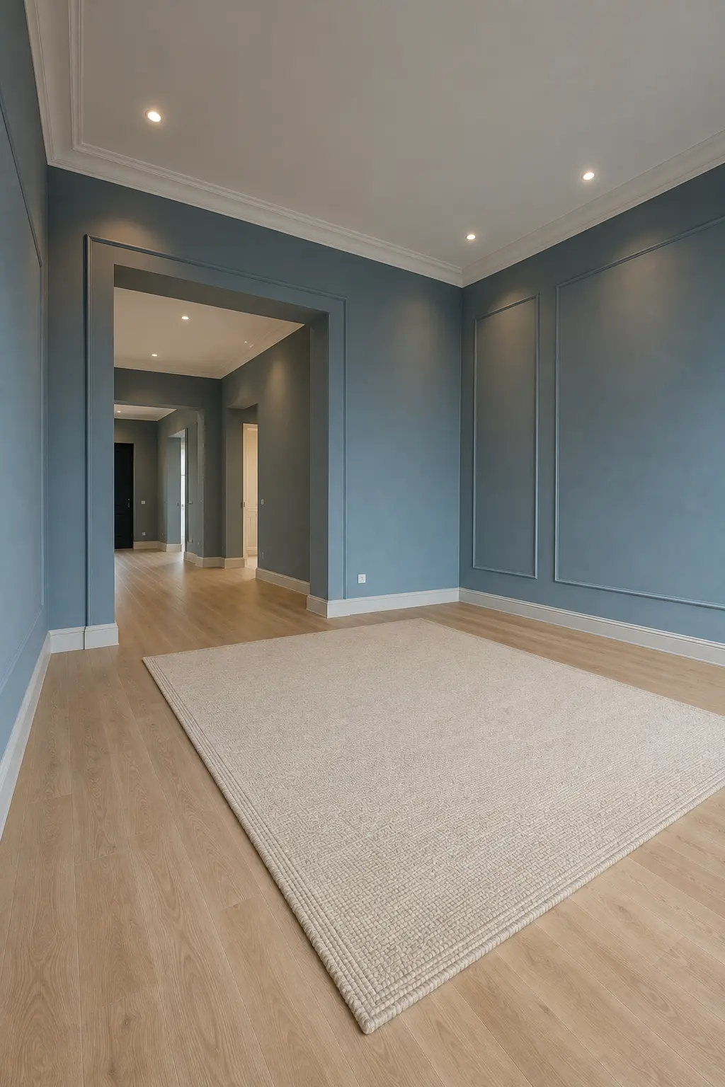 Empty modern living room featuring sophisticated mineral blue painted walls with subtle gray green undertones, decorative panel molding, crisp white ceiling trim, pale oak flooring, and a large ivory textured rug.