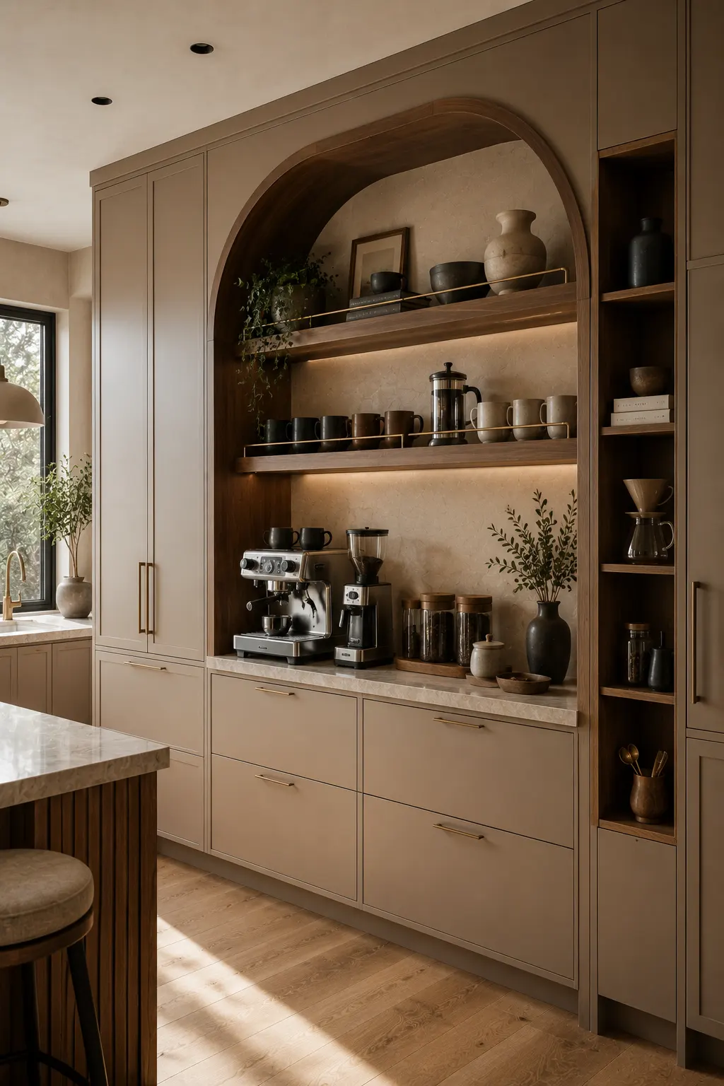 Luxury modern kitchen featuring an arched coffee station with warm walnut open shelves, slim brass gallery rails, ceramic coffee mugs, espresso machine, coffee grinder, glass storage jars, pottery, trailing greenery, taupe cabinetry, and warm wood flooring.