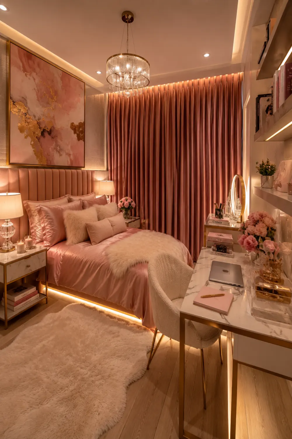 Luxury pink dorm room featuring blush upholstered bed, marble study desk, gold furniture accents, crystal chandelier, faux fur blanket, plush rug, floating shelves, designer lighting, elegant artwork, and upscale college dorm room inspiration.