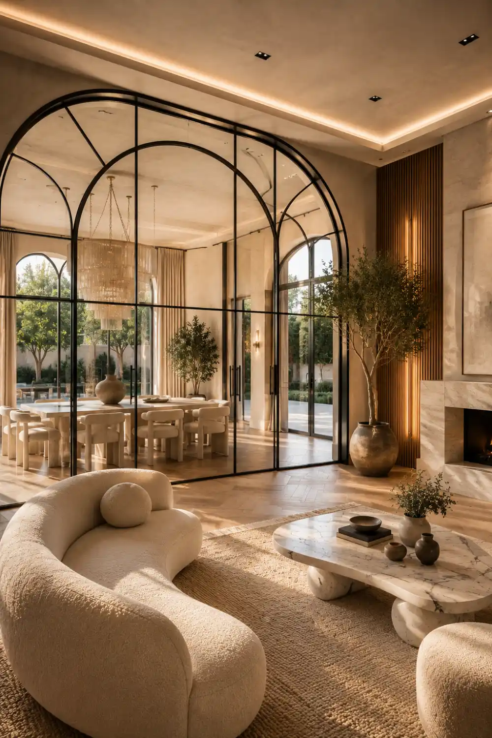 Elegant arched black metal glass partition separating a luxury living room and dining area with marble coffee table, boucle furniture, indoor trees, floor to ceiling windows, designer lighting, warm natural sunlight, and modern luxury home interior.