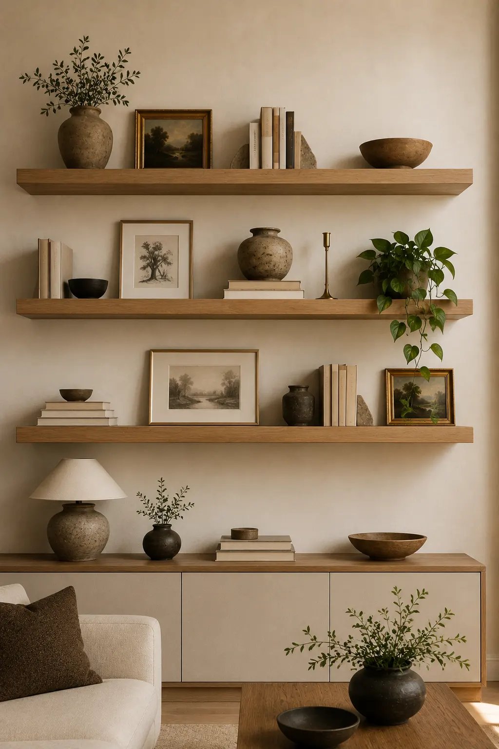 Warm contemporary living room featuring three natural wood floating shelves styled with layered framed artwork, vintage landscape prints, neutral books, handmade ceramic vases, decorative bowls, brass accents, and a trailing green plant above a minimalist storage cabinet.