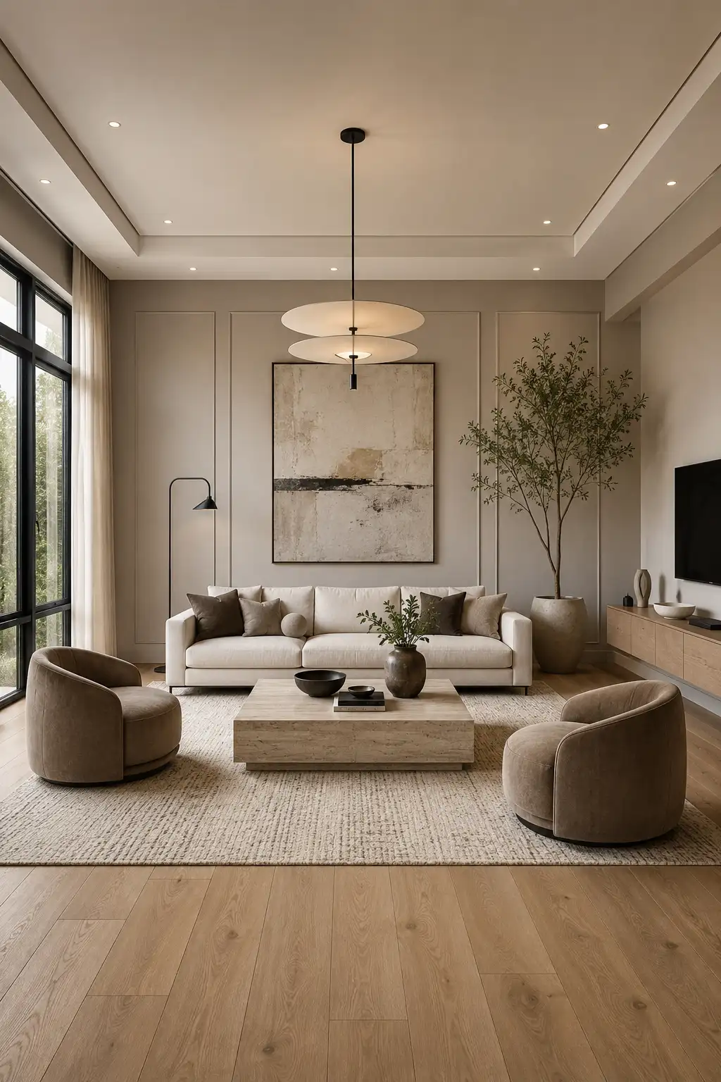 Sophisticated modern living room with warm greige painted walls, a cream sofa, curved taupe accent chairs, a rectangular travertine coffee table, textured neutral rug, light oak flooring, minimalist artwork, indoor greenery, and contemporary pendant lighting.