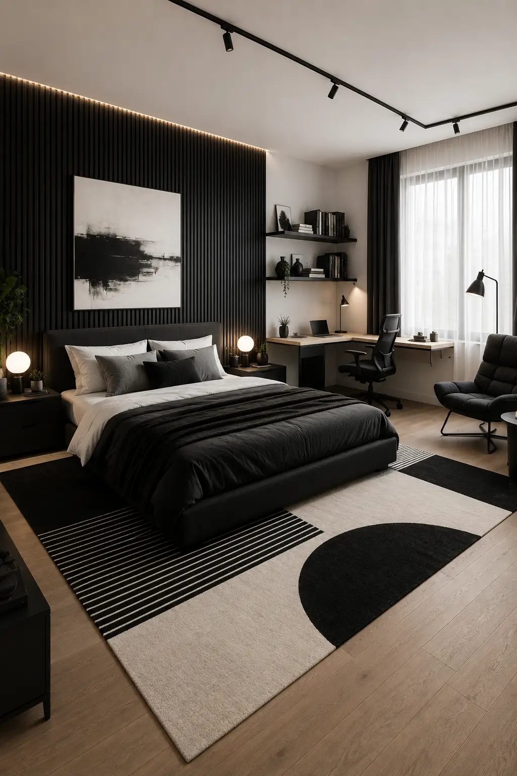 Black and white minimalist boys’ bedroom featuring a dramatic black slatted feature wall, low upholstered bed, layered monochrome bedding, oversized abstract wall art, bold geometric rug, corner study desk, floating shelves, black lounge chair, and modern track lighting.