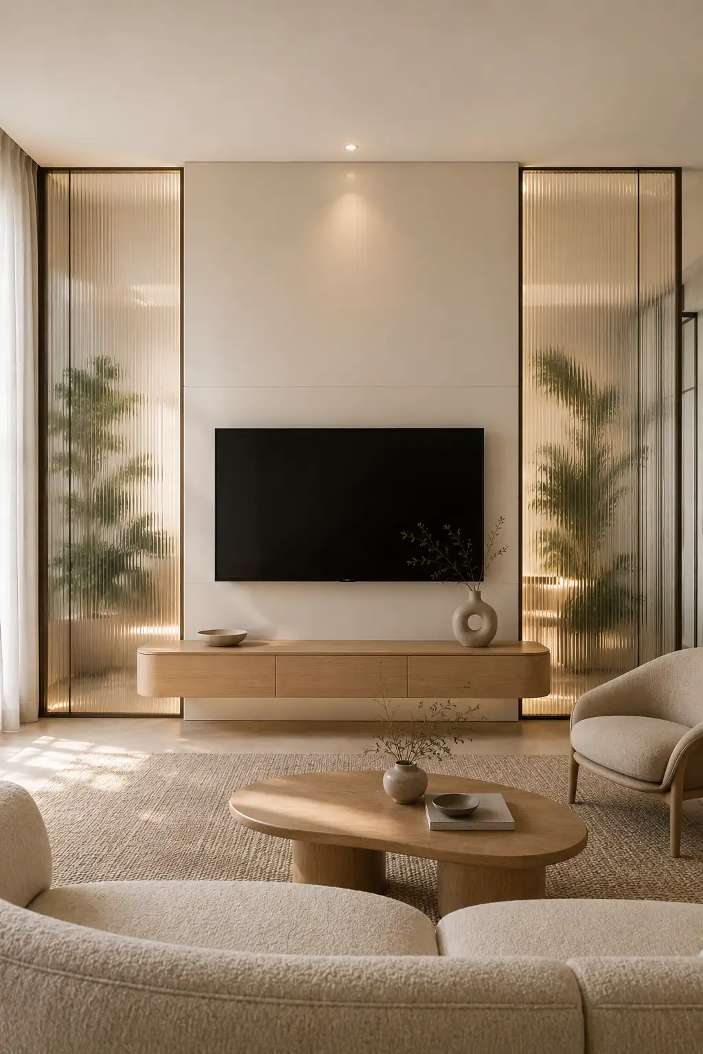 Modern reeded glass accent TV wall featuring tall fluted glass panels with slim dark frames on both sides, a central wall mounted television, rounded light oak floating console, cream curved seating, textured rug, organic coffee table, and warm ambient lighting.