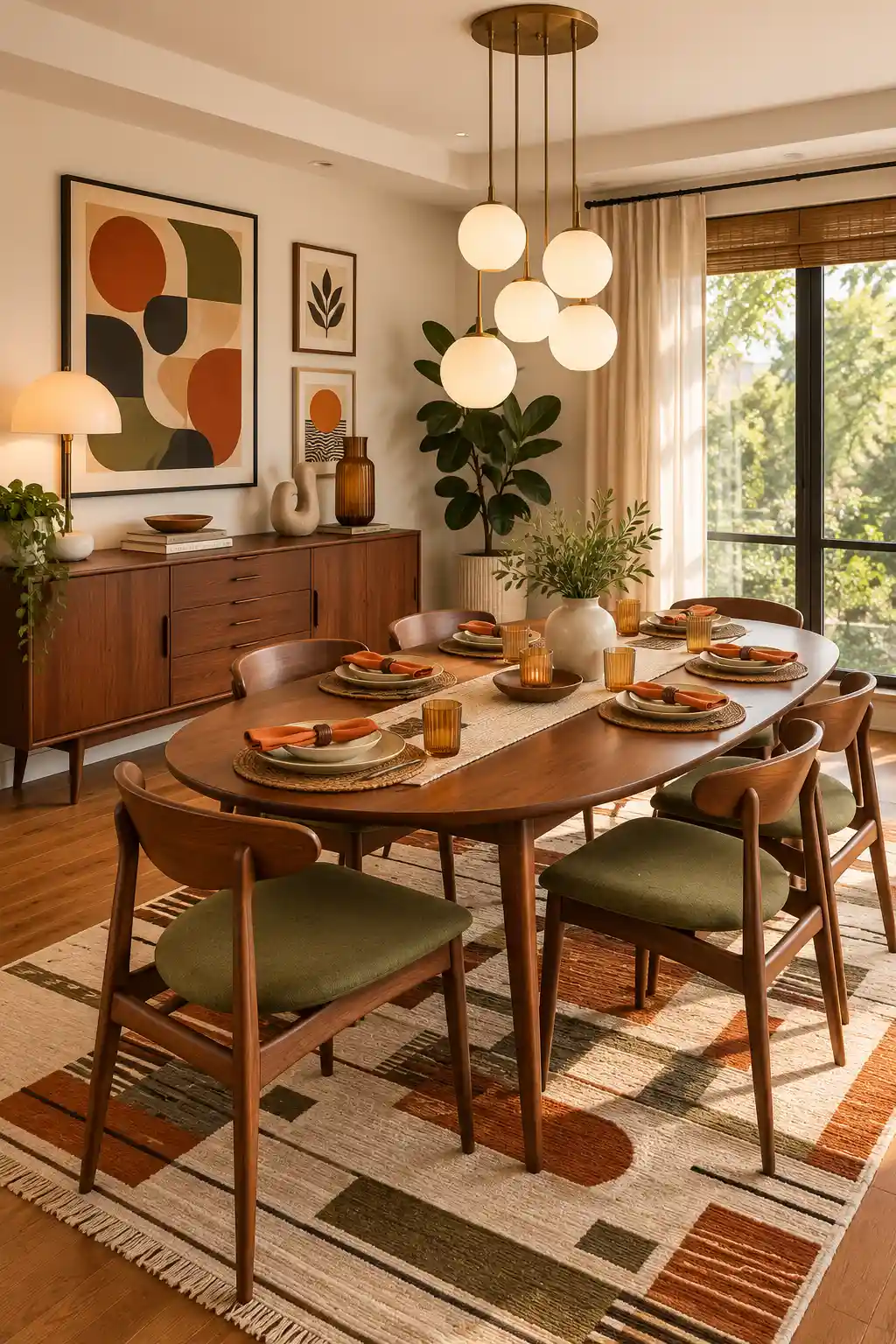 Mid century modern dining room featuring a warm walnut oval dining table, curved wood chairs with olive green upholstered seats, clustered globe pendant lighting, retro geometric wall art, streamlined wooden sideboard, colorful patterned area rug, large windows, and warm natural sunlight.