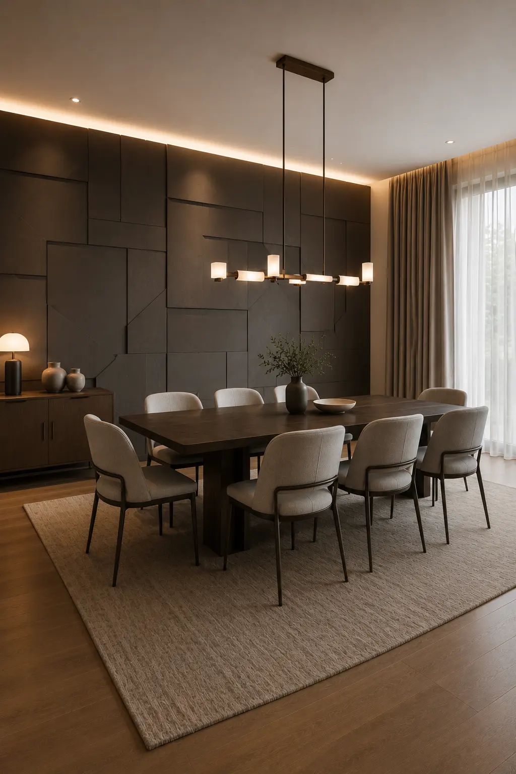 Modern dining room featuring a bold charcoal geometric 3D panel feature wall with layered architectural shapes, subtle ceiling lighting, dark wood dining table, light upholstered chairs, contemporary chandelier, and warm neutral window treatments.