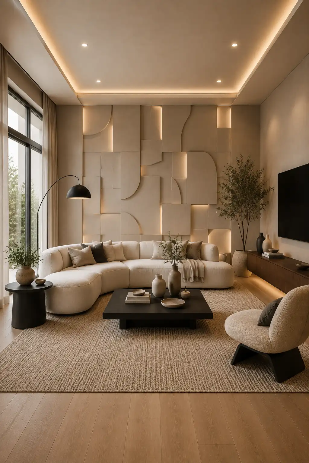 DIY geometric feature wall with layered MDF panels, hidden warm LED lighting, curved cream sectional sofa, black coffee table, oak flooring, textured rug, ceramic accessories, indoor greenery, oversized windows, and contemporary luxury living room interior.