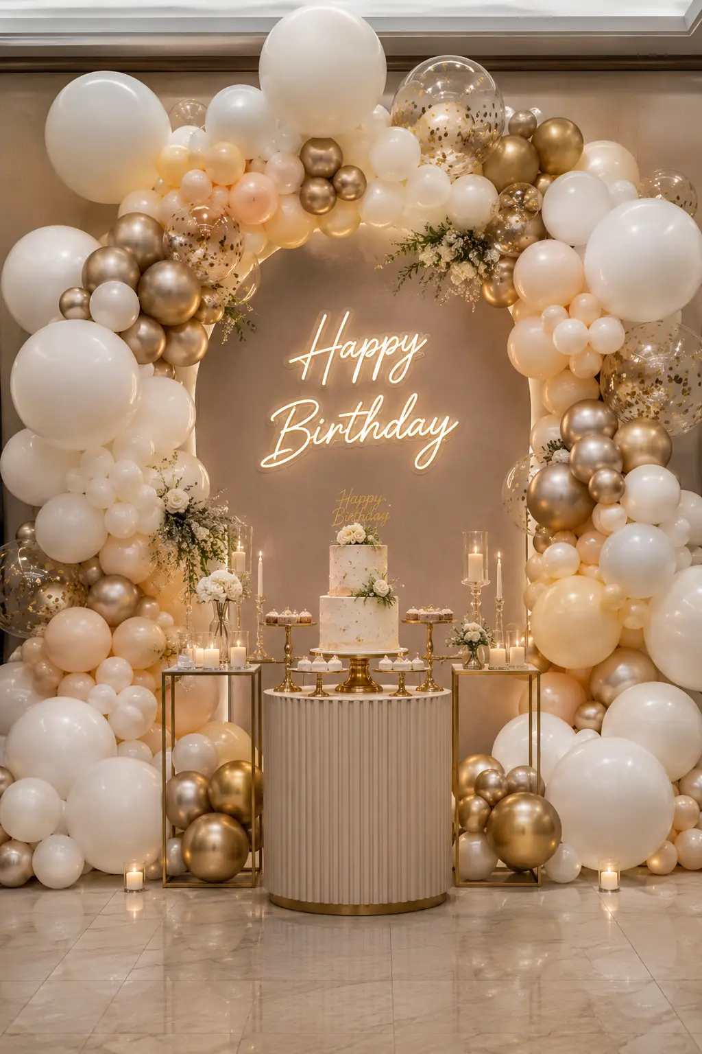 Elegant balloon arch birthday backdrop with white, champagne, metallic gold, and transparent balloons, glowing Happy Birthday neon sign, luxury cake table, candles, fresh flowers, acrylic stands, and stylish modern birthday party decoration for indoor celebrations.