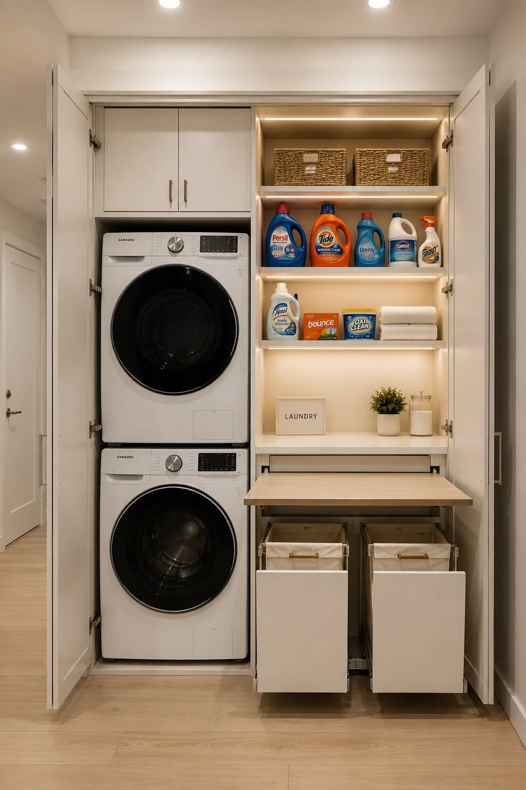 Hidden laundry closet wall with full height cabinet doors, stacked Samsung washer and dryer, pull out laundry hampers, fold down countertop, built in shelving, organized detergent storage, warm LED lighting, light wood flooring, and compact space saving laundry room design.