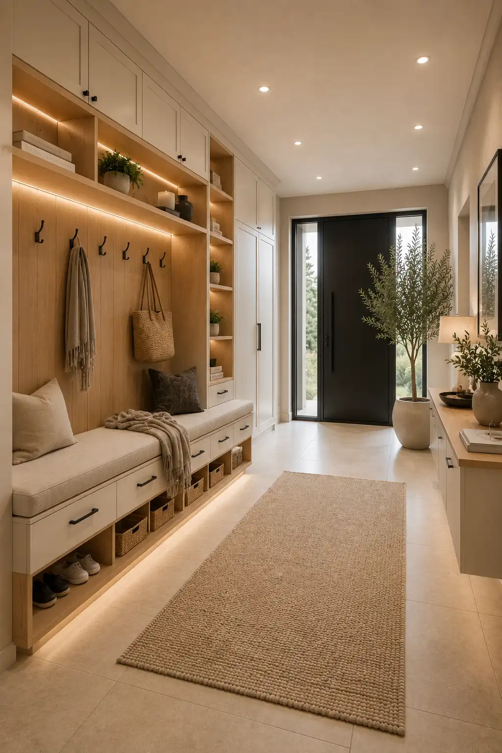 Modern family drop zone entrance hall featuring a long upholstered bench, floor to ceiling storage cabinets, open shoe cubbies, matte black wall hooks, floating shelves, woven baskets, warm oak finishes, integrated LED lighting, decorative plants, porcelain flooring, and a practical luxury home entryway.