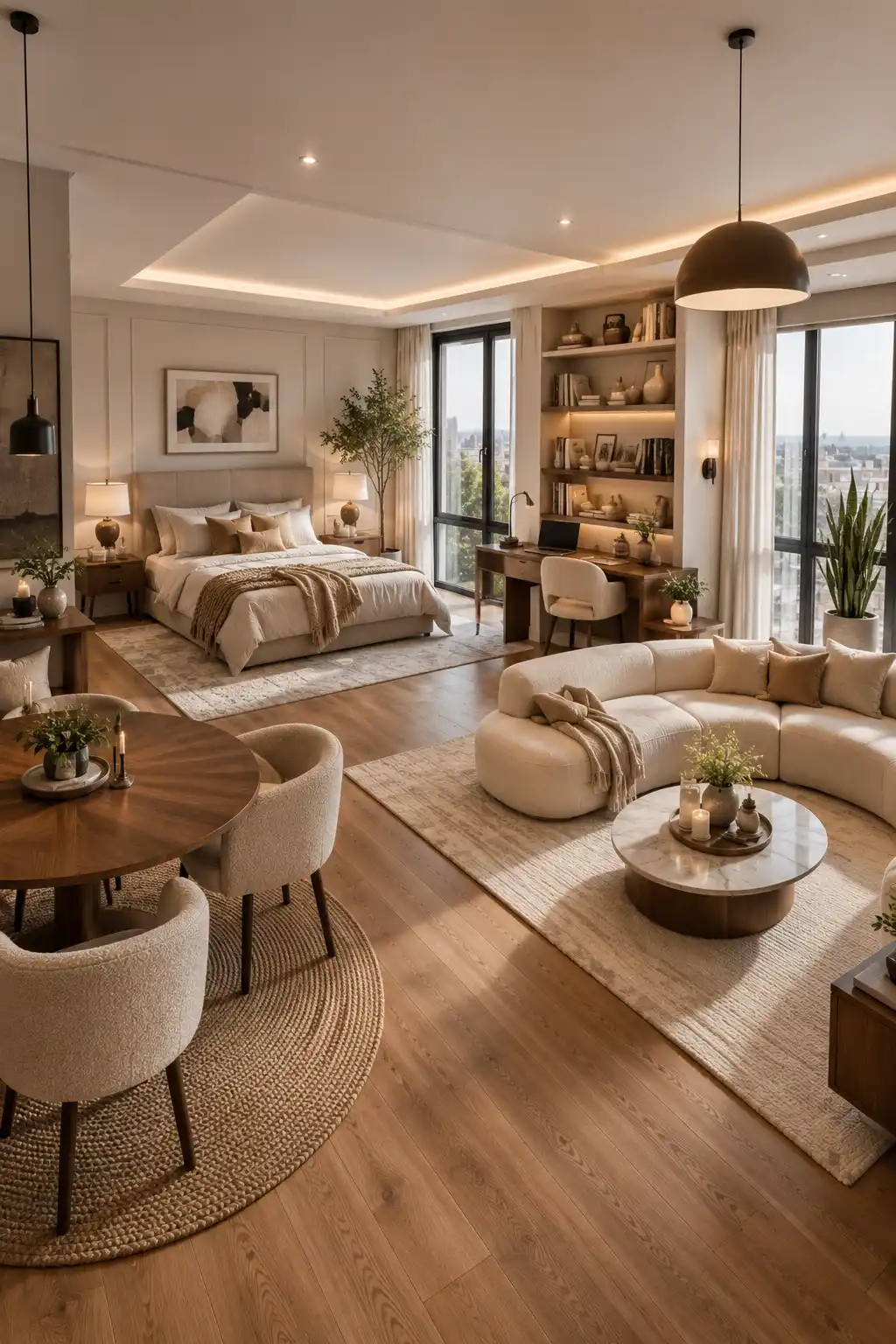 Beautiful studio apartment using layered area rugs to define the living room, bedroom, and dining space, curved cream sofa, round dining table, warm oak flooring, modern neutral decor, oversized windows, cozy lighting, and smart open concept layout designed to maximize space with stylish zoning.