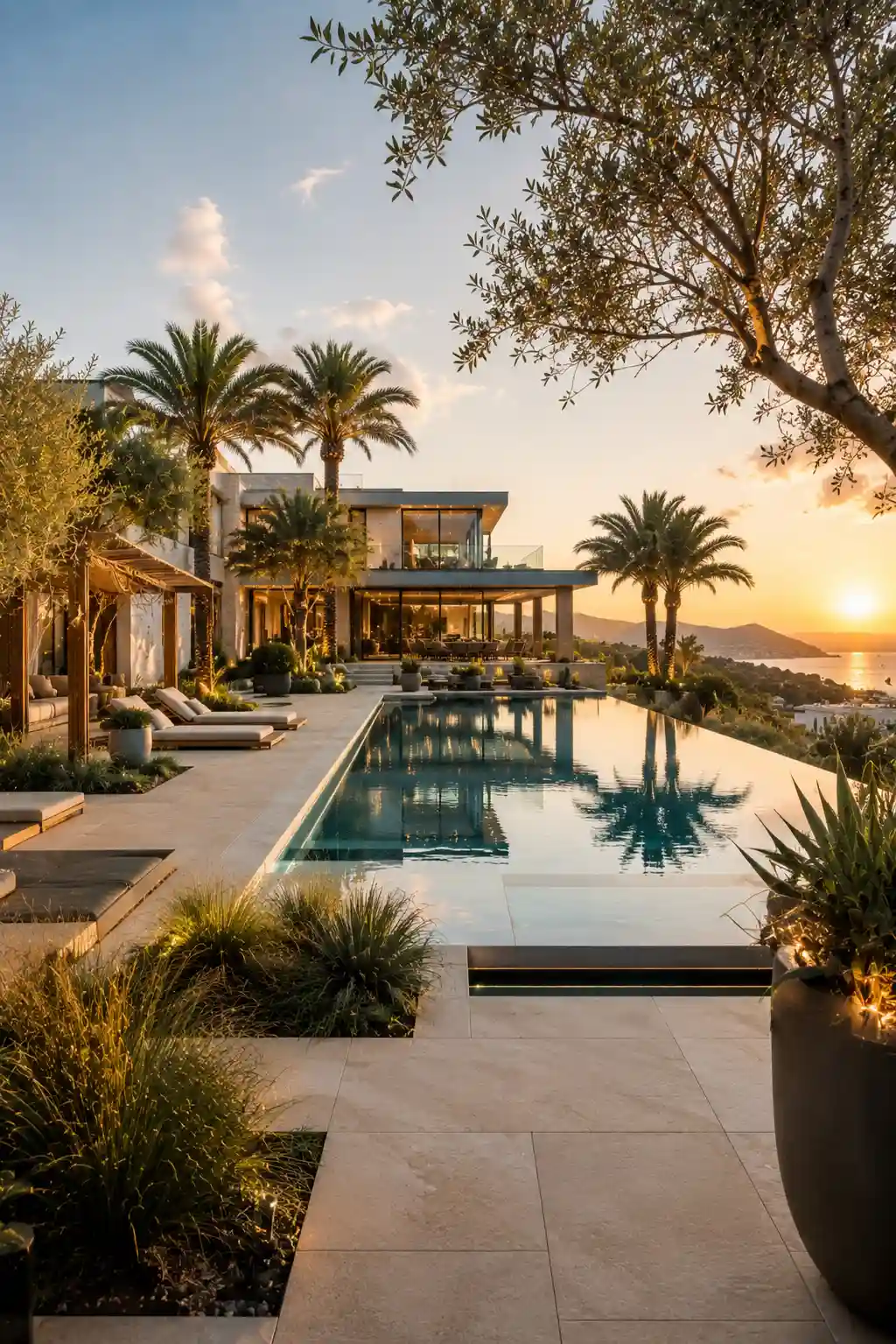 Luxury infinity edge swimming pool surrounded by contemporary landscaping, natural stone paving, palm trees, olive trees, premium outdoor lounge area, crystal clear reflecting water, modern luxury backyard, elegant pool landscape design, architectural garden inspiration, contemporary outdoor living, resort style backyard, luxury residential landscape, and modern garden design ideas.