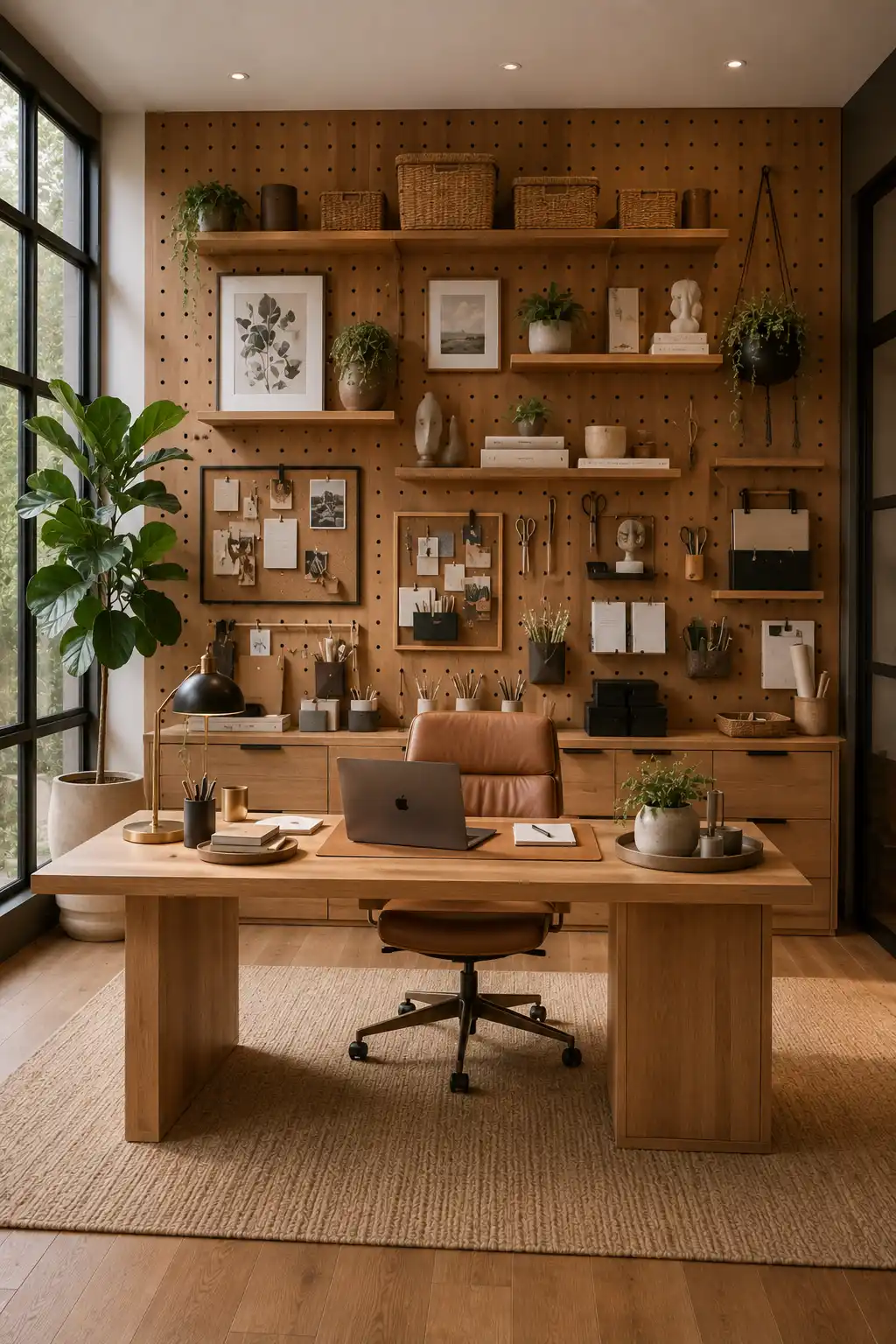 Modern home office featuring a large wooden pegboard wall organizer with floating shelves, framed artwork, indoor plants, woven baskets, office supplies, oak desk, leather office chair, natural lighting, organized workspace, and functional DIY pegboard wall ideas for creative home offices.