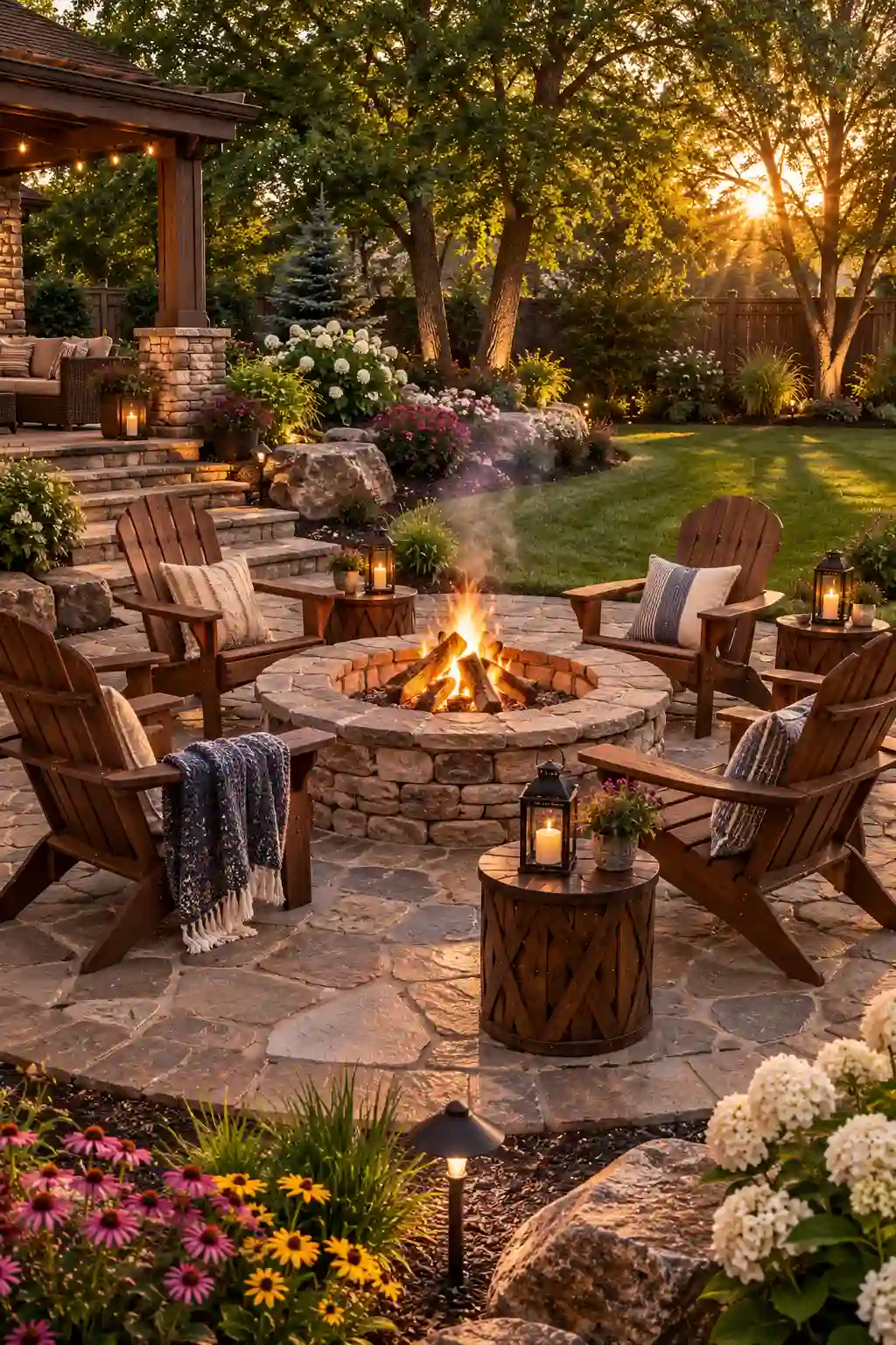 Classic circular stone fire pit with wooden Adirondack chairs, flagstone patio, rustic side tables, cozy throw blankets, decorative lanterns, colorful flower beds, mature trees, luxury backyard landscaping, warm sunset lighting, and inviting outdoor entertaining area.