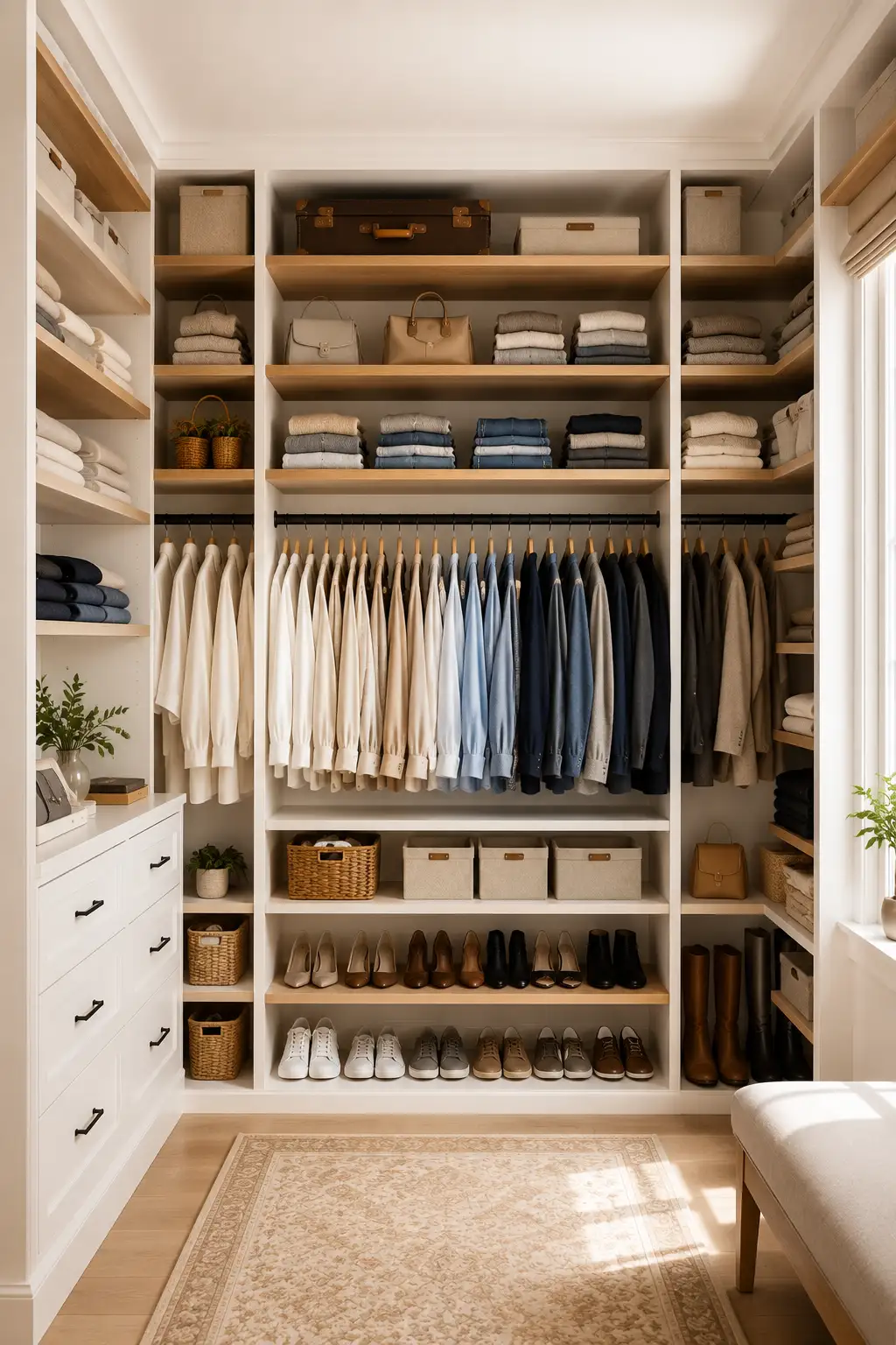 Small closet organization ideas with open shelving displaying folded sweaters, jeans, handbags, woven baskets, decorative storage boxes, shoes, and neatly arranged clothing. Luxury custom closet featuring built in shelves, vertical storage, and practical organization ideas for maximizing every inch.