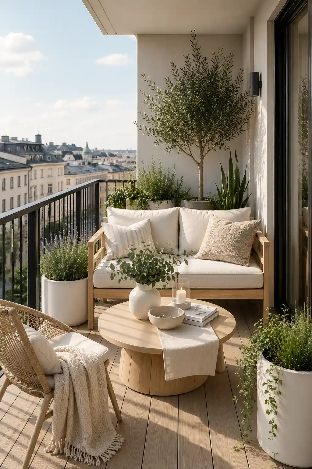 Minimalist Scandinavian small apartment balcony with light oak furniture, cream cushions, round wooden coffee table, woven chair, white ceramic planters, olive trees, eucalyptus, natural wood decking, black railings, and bright natural sunlight creating a clean and modern outdoor retreat.