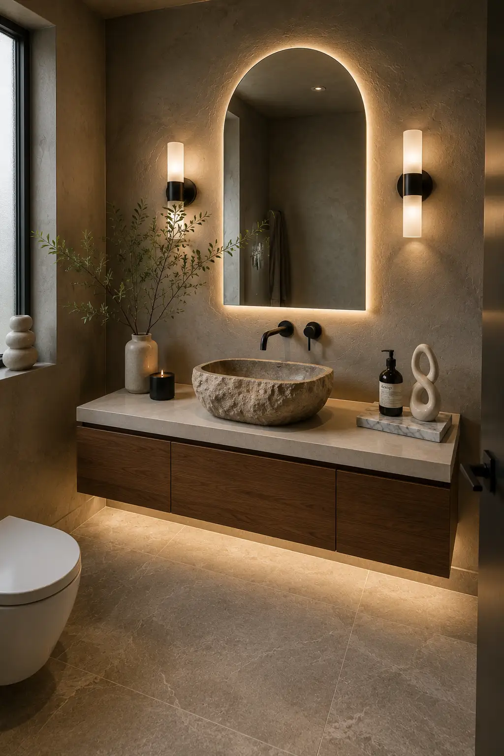Luxury guest bathroom with a handcrafted natural stone vessel sink, floating walnut vanity, white quartz countertop, oversized arched LED mirror, matte black wall mounted faucet, warm wall sconces, textured plaster walls, large porcelain floor tiles, ceramic vase with olive branches, sculptural décor, under vanity LED lighting, and elegant designer bathroom styling.