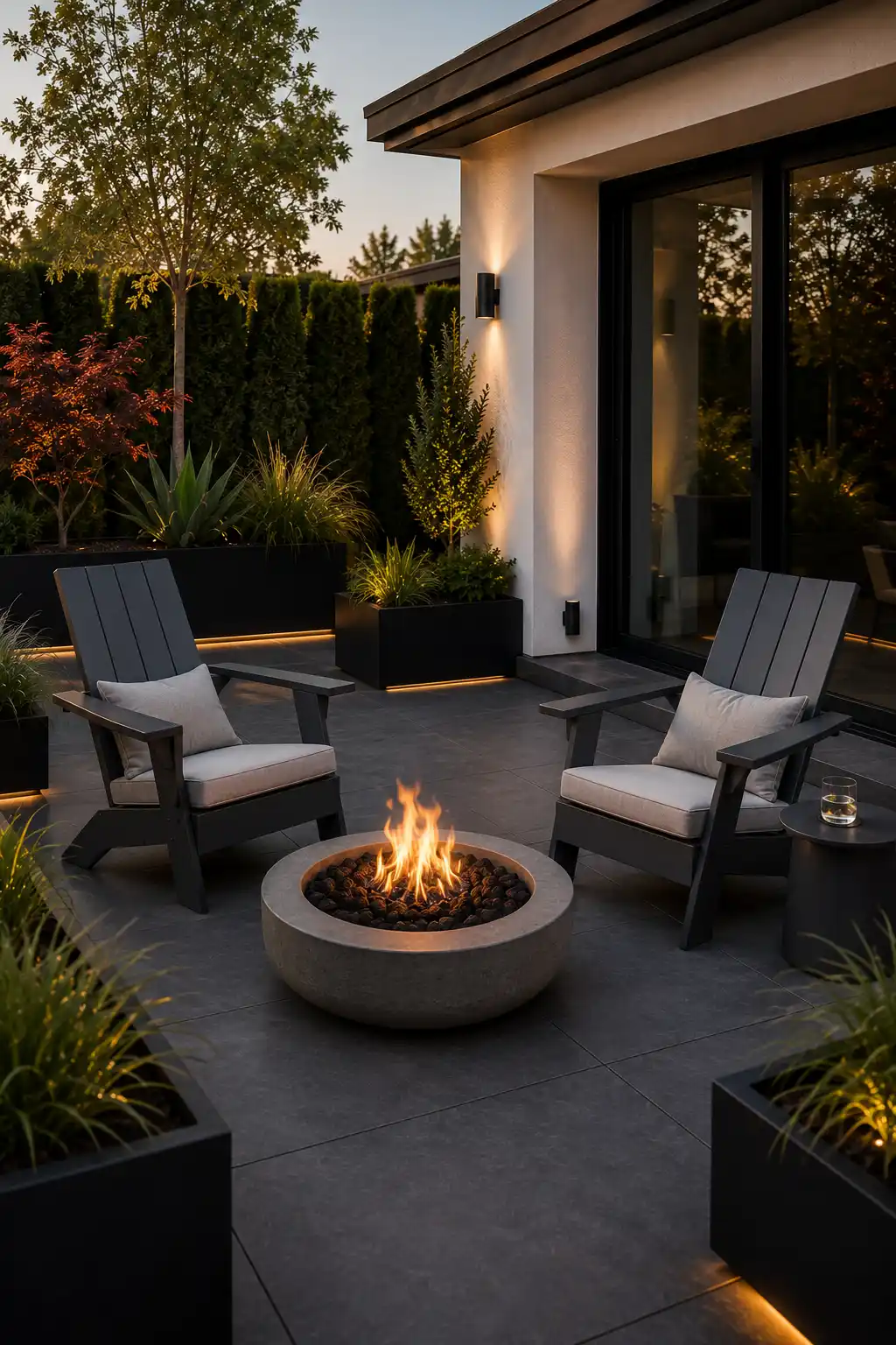Modern charcoal Adirondack chairs with plush light gray cushions surrounding a contemporary concrete fire bowl on a luxury patio featuring charcoal porcelain pavers, architectural planters, warm landscape lighting, evergreen privacy hedges, and stylish outdoor furniture ideas for relaxing patio spaces.
