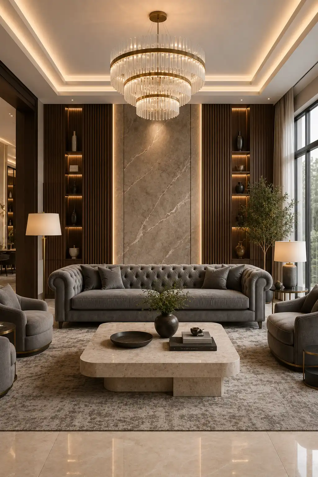 Modern grey Chesterfield couch living room featuring a button tufted grey sofa, dramatic marble feature wall, fluted walnut panels, illuminated display niches, crystal chandelier, sculptural stone coffee table, plush neutral rug, designer accent chairs, warm LED lighting, and a timeless luxury interior with elegant architectural details.