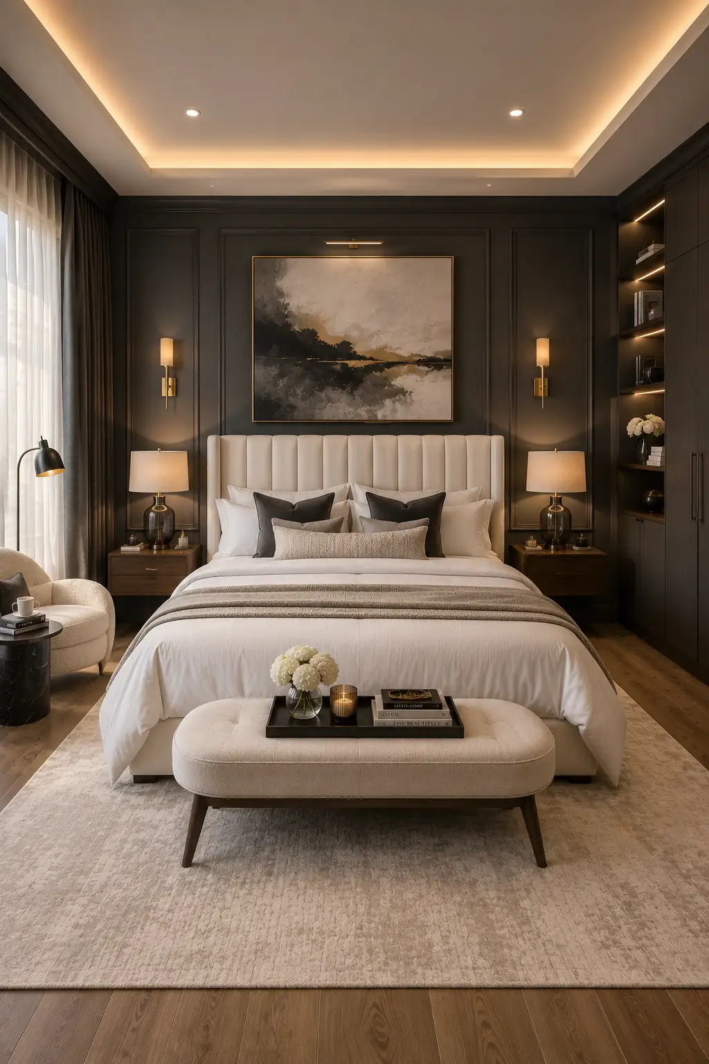 Moody charcoal guest bedroom featuring a cream channel tufted upholstered bed with crisp white bedding, charcoal accent pillows, dark paneled accent wall, brass wall sconces, walnut nightstands, built in shelving with LED lighting, upholstered bench, oversized textured area rug, warm oak flooring, abstract artwork, cozy lounge chair, and boutique hotel inspired luxury guest bedroom décor.