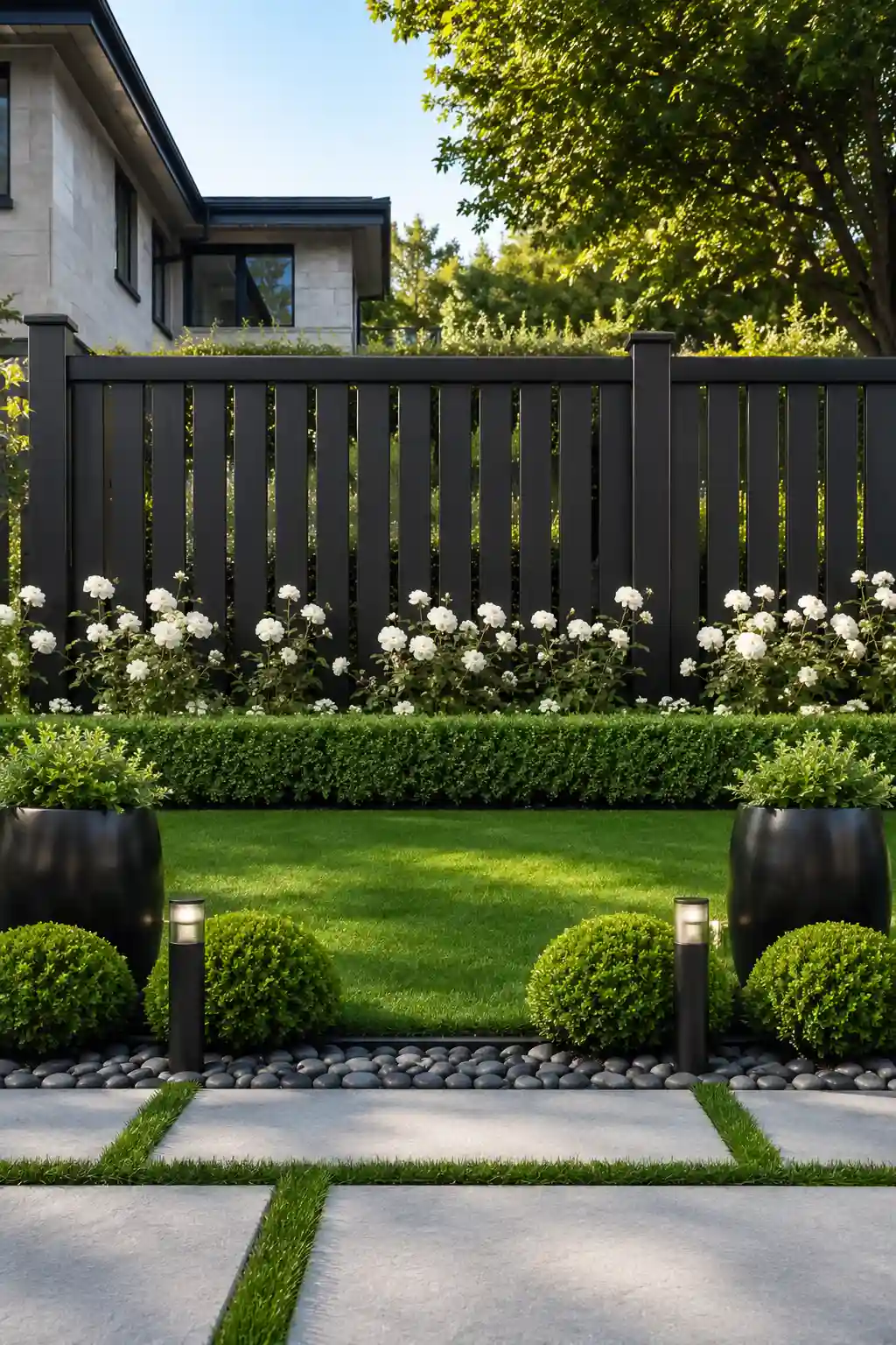 Modern matte black aluminum garden fence with sleek vertical slats, white flowering shrubs, clipped boxwood hedges, decorative river rocks, lush striped green lawn, black planters, contemporary landscape lighting, luxury backyard design, stylish privacy fencing ideas, modern garden inspiration for elegant homes.