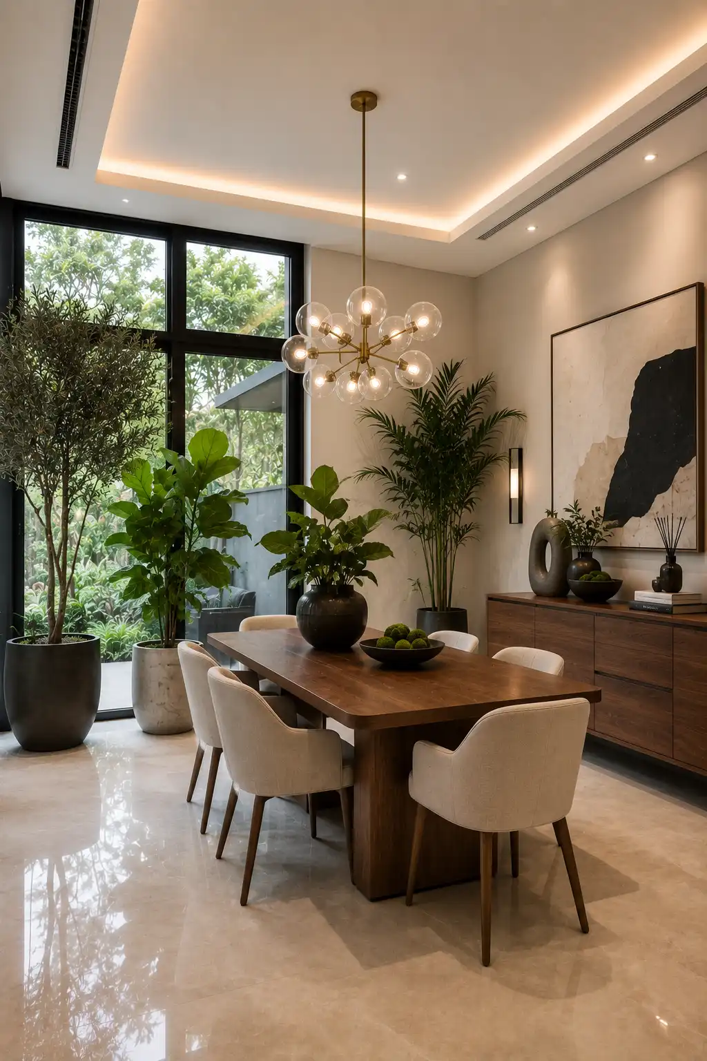 Contemporary small dining room decorated with large indoor plants, solid walnut dining table, upholstered dining chairs, globe chandelier, modern sideboard, black framed windows, polished porcelain flooring, abstract artwork, and fresh luxury home décor inspired by nature.