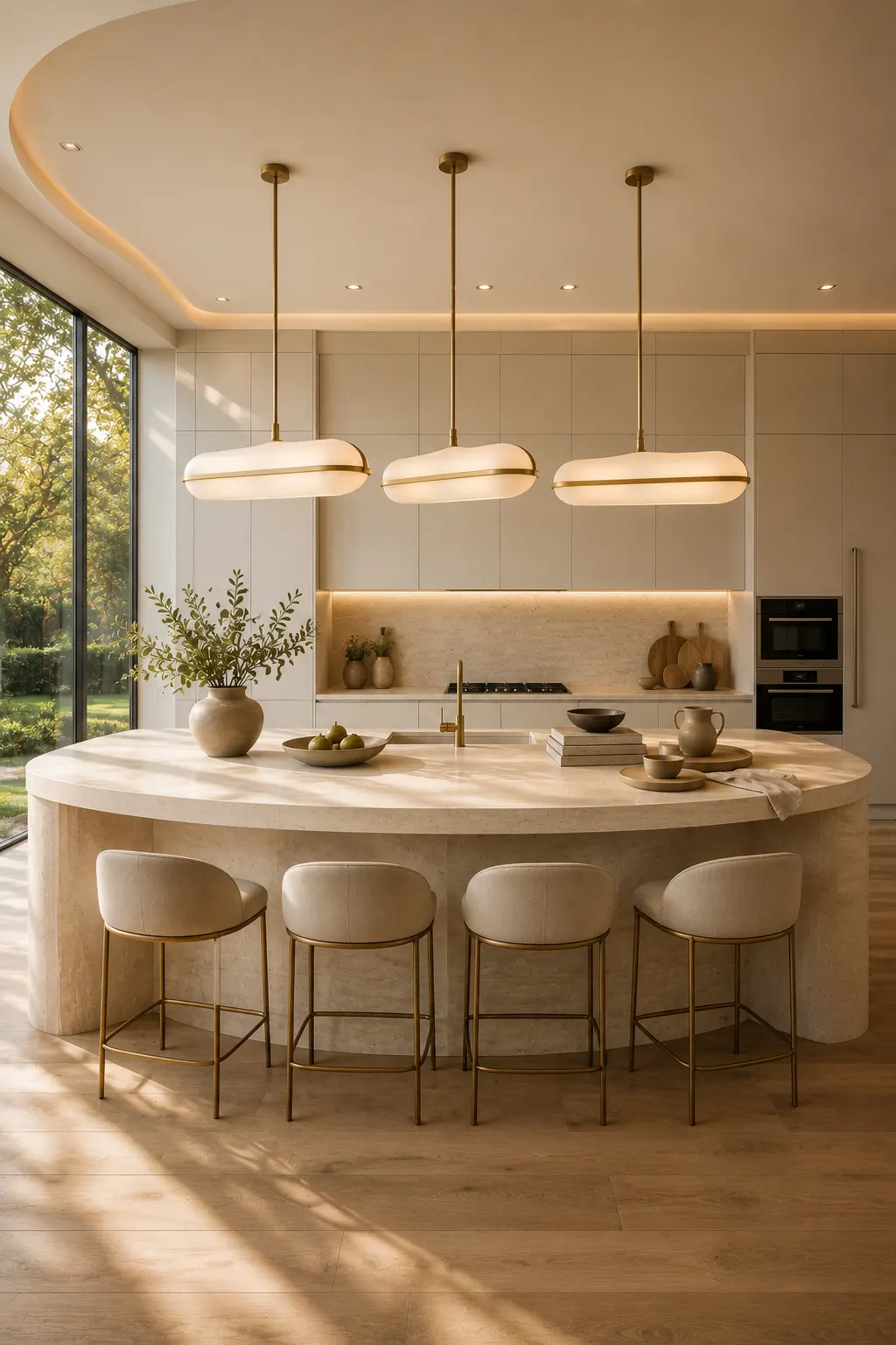 Luxury contemporary kitchen with sculptural oval pendant lights above a curved waterfall kitchen island, creamy handleless cabinets, brushed brass fixtures, upholstered bar stools, soft neutral palette, hidden LED lighting, natural wood flooring, floor to ceiling windows, elegant kitchen island lighting ideas, modern pendant lighting inspiration, luxury contemporary kitchen design