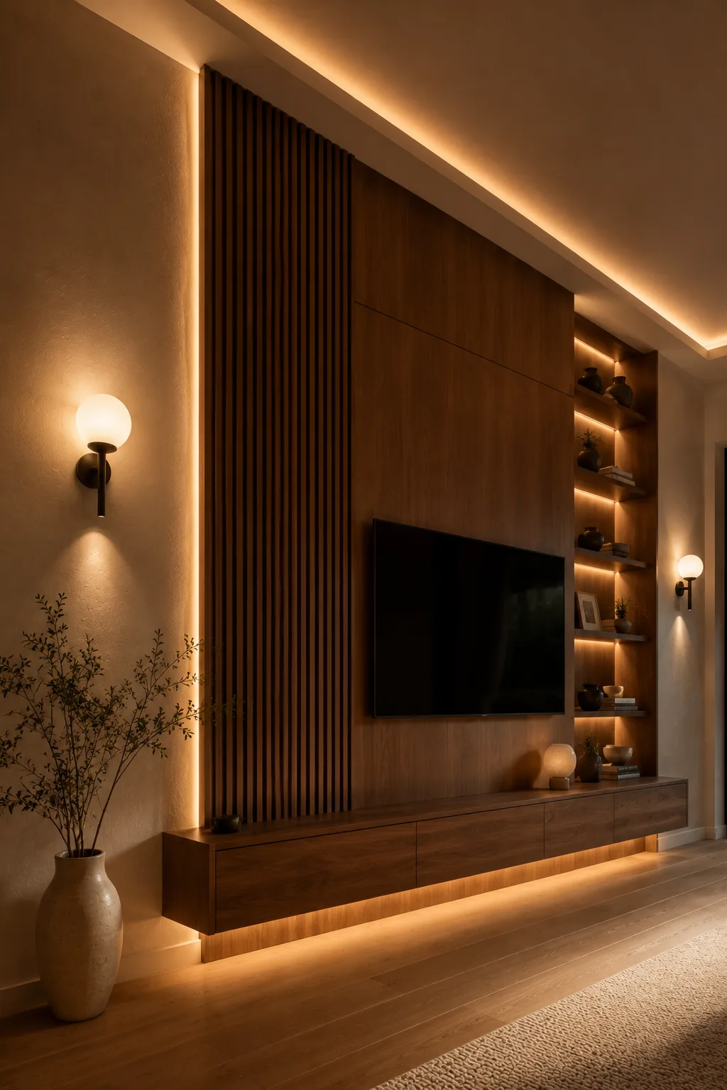 Luxury mid century modern media wall featuring vertical walnut slat panels, floating walnut TV console, integrated LED shelving, globe wall sconces, concealed lighting, textured plaster walls, modern television setup, minimalist home decor, elegant entertainment wall, contemporary living room inspiration.