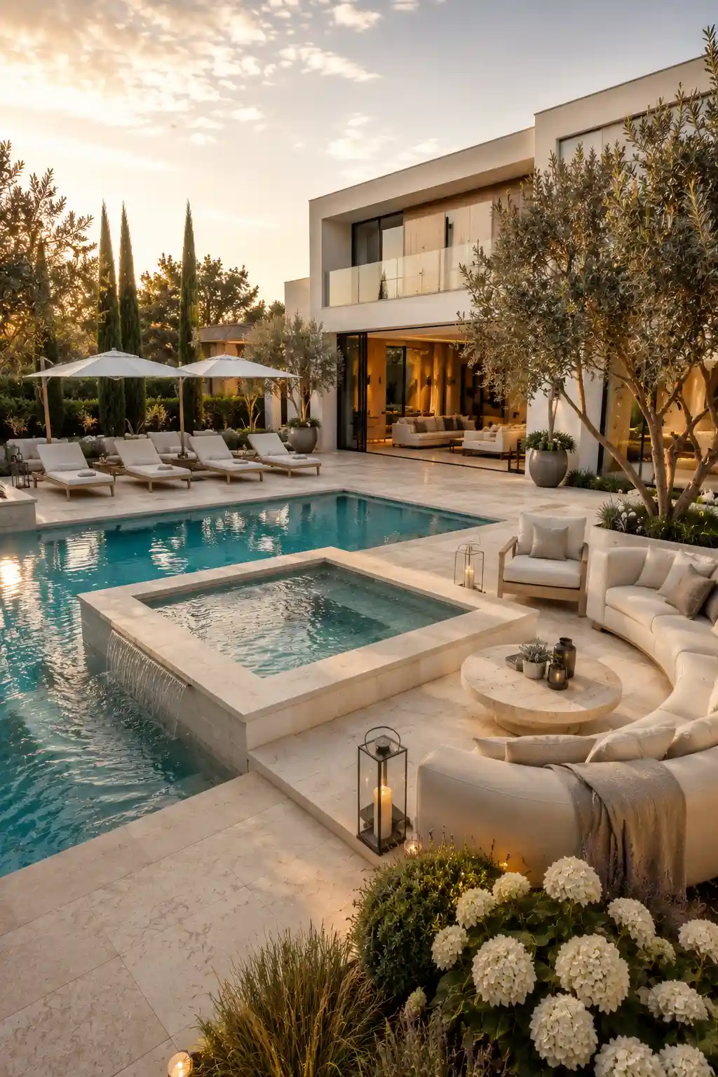 Luxury backyard pool with raised spa and waterfall feature, cream limestone decking, curved outdoor conversation sofa, natural stone coffee table, elegant swimming pool, premium chaise lounge chairs, oversized umbrellas, olive trees, flowering hydrangeas, contemporary modern home, resort style outdoor spa, sophisticated backyard pool design, luxury outdoor living inspiration.