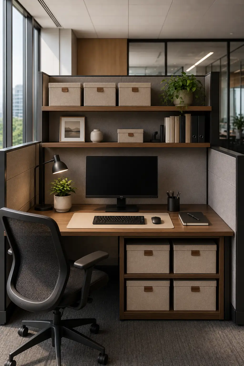 Organized cubicle decor ideas with matching storage boxes, floating shelves, neutral office decor, wooden office desk, modern storage solutions, minimalist workspace organization, decorative office accessories, indoor plants, stylish office shelving, and elegant cubicle inspiration.