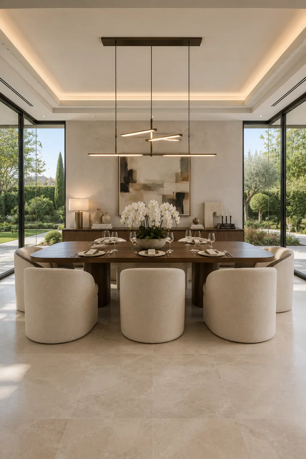 Luxury contemporary dining room with floor to ceiling black framed glass windows overlooking a landscaped garden, walnut dining table, upholstered cream dining chairs, minimalist pendant lighting, warm neutral décor, porcelain flooring, and bright open concept interior filled with natural light.