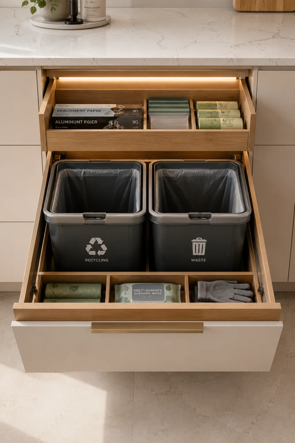Luxury pull out trash and recycling drawer with hidden waste bins, built in kitchen recycling system, organized cleaning supplies, soft close drawer storage, modern white cabinetry, custom waste management cabinet, premium kitchen organization solution, concealed trash storage ideas, space saving small kitchen inspiration.