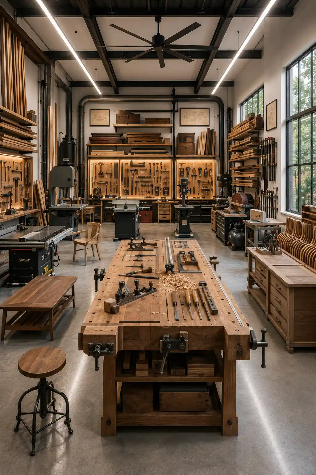 Luxury woodworking workshop featuring heavy duty wood workbench, organized pegboard tool wall, built in storage cabinets, lumber storage racks, professional power tools, bright task lighting, durable workshop flooring, modern woodworking studio, custom tool organization, premium hobby workshop, clean maker space, stylish woodworking room ideas, organized DIY workshop inspiration, functional woodworking hobby room.