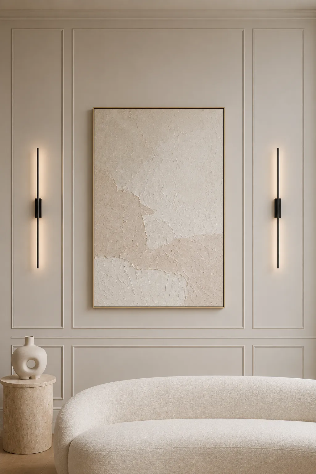 Minimalist living room featuring modern wall molding, slim architectural trim, black linear wall sconces, oversized textured canvas artwork, neutral designer interior, curved cream sofa, and sophisticated custom wall panel inspiration.