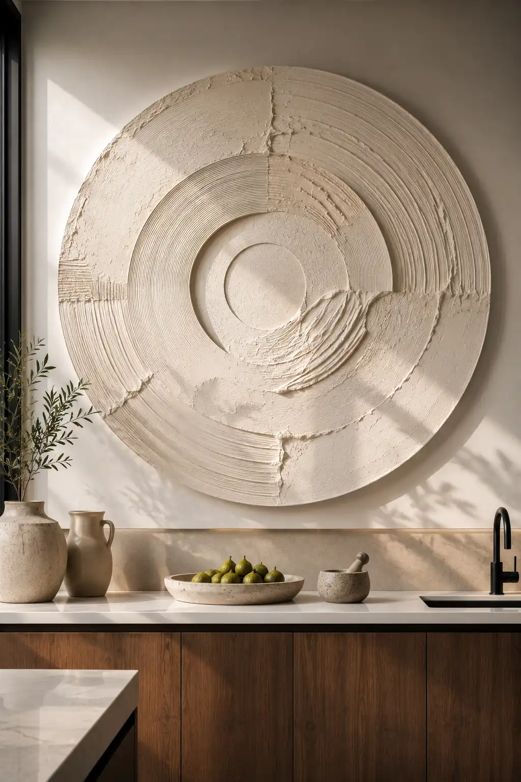 Oversized round textured plaster wall art in soft ivory tones mounted above a luxury modern kitchen countertop with walnut cabinetry, matte black faucet, ceramic decor, and natural sunlight.
