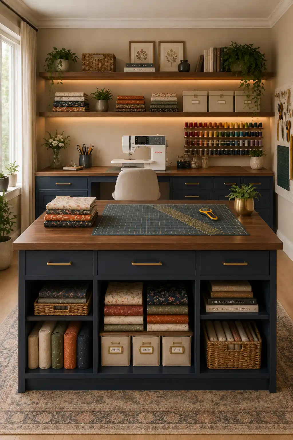 Luxury small sewing room featuring a spacious cutting table with built in storage, organized fabric shelves, premium sewing workstation, floating shelves, thread organization, navy cabinetry, walnut countertops, and smart sewing room layout ideas for small spaces.