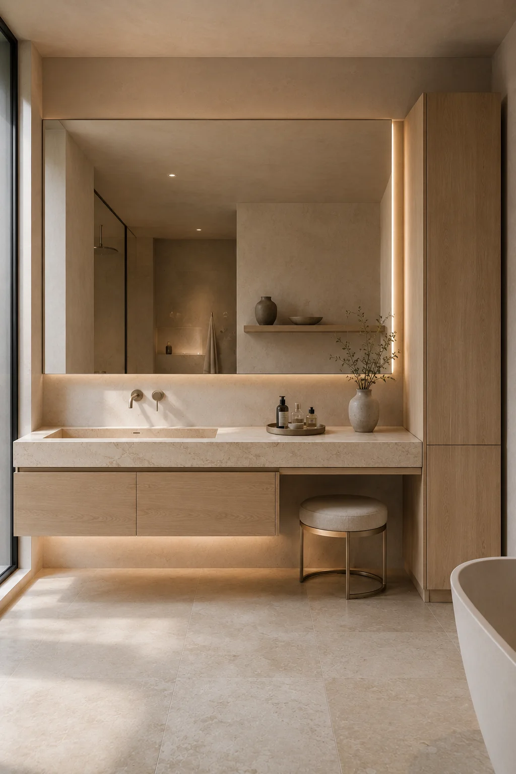 Modern asymmetrical bathroom vanity with an offset integrated sink, light oak floating drawers, spacious grooming counter, built in makeup station, tall storage cabinet, oversized illuminated mirror, and warm minimalist bathroom decor.