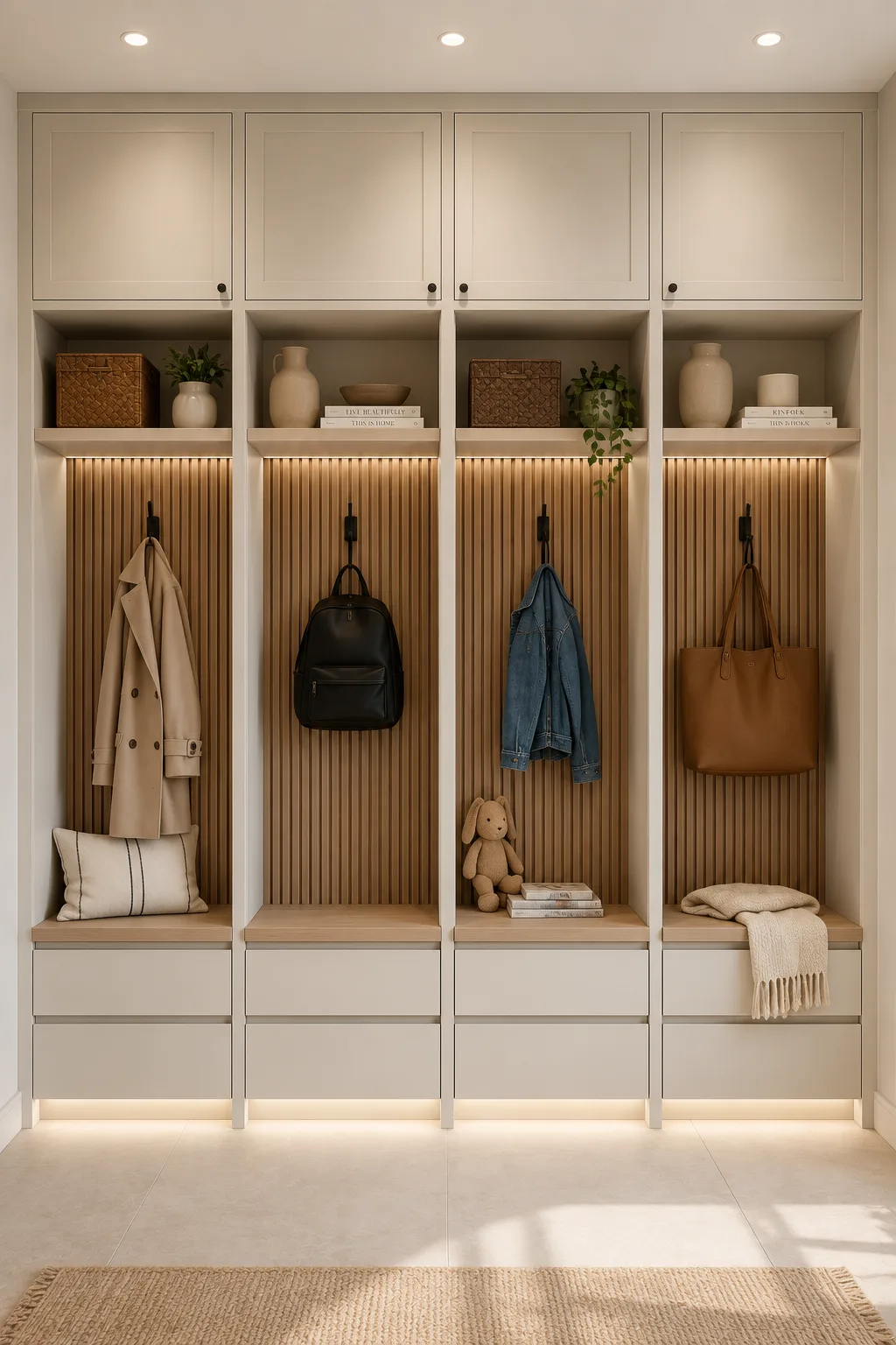 Family friendly IKEA mudroom locker system with individual storage cubbies, built in benches, overhead cabinets, vertical wood slat panels, integrated lighting, coat hooks, and organized storage space for jackets, backpacks, shoes, and accessories.