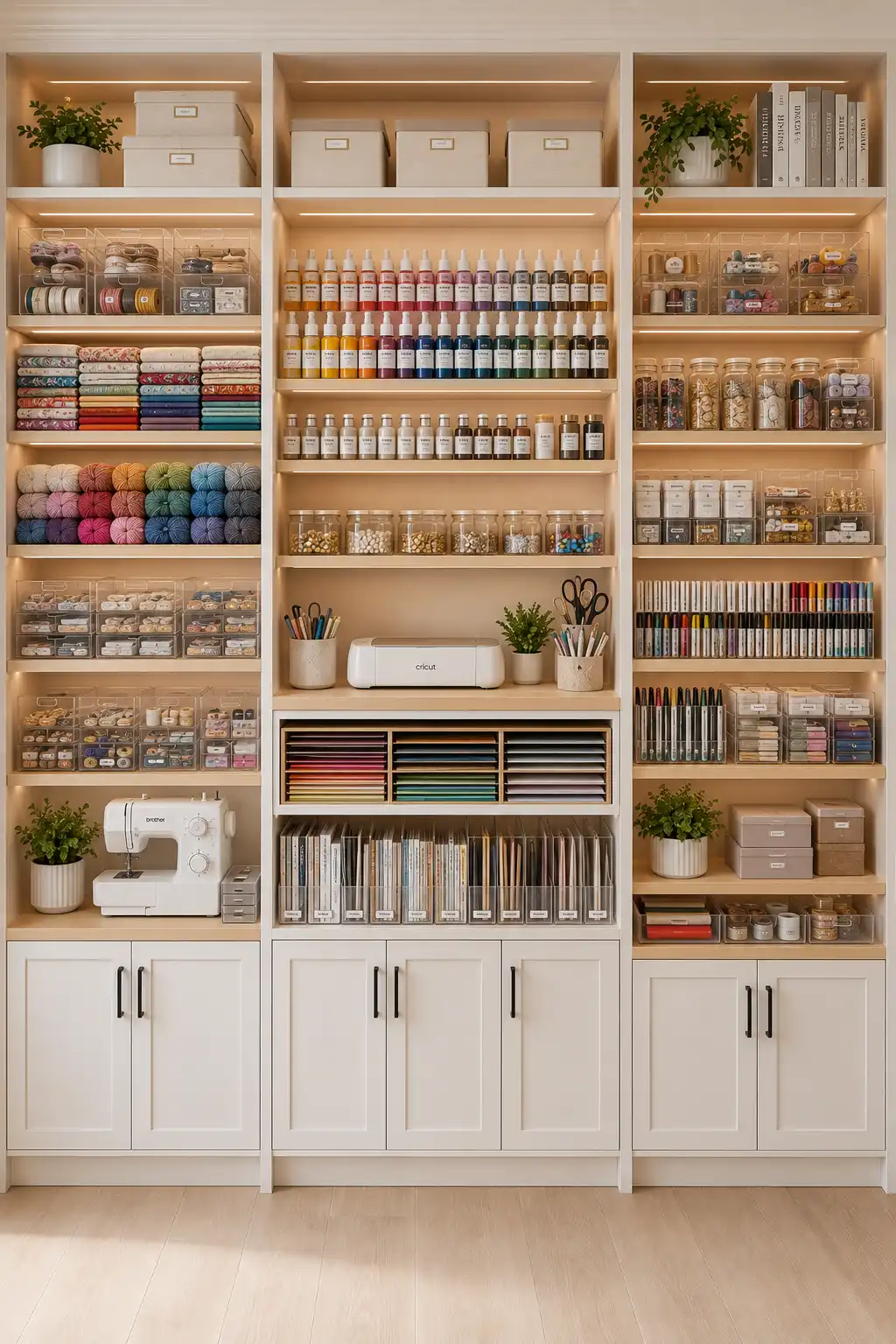 Luxury open shelving craft room featuring clear acrylic storage bins, folded fabric, yarn, paint bottles, cardstock, sewing machine, Cricut machine, decorative jars, labeled organizers, LED lighting, and modern craft room storage ideas that keep everyday supplies visible, organized, and within easy reach.