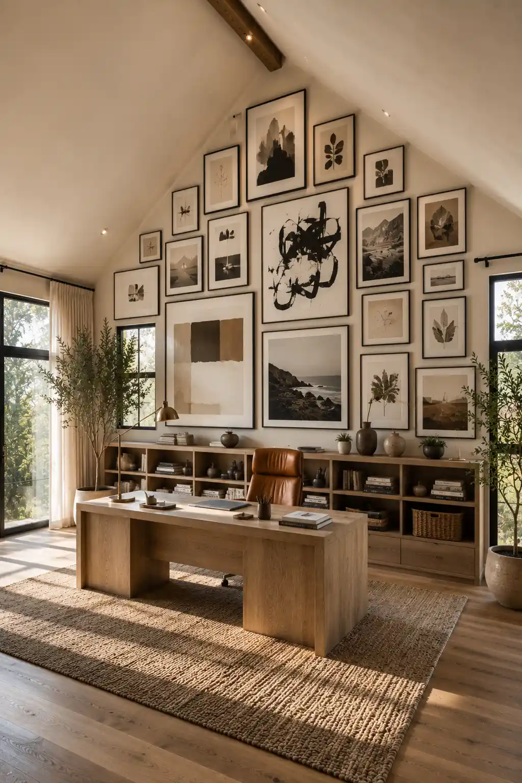 Modern home office with a dramatic slanted ceiling gallery wall featuring oversized framed artwork, abstract prints, botanical illustrations, natural oak executive desk, built in shelving, textured woven rug, indoor olive trees, contemporary workspace, vaulted ceiling office inspiration, elegant sloped ceiling wall decor with luxury interior styling.