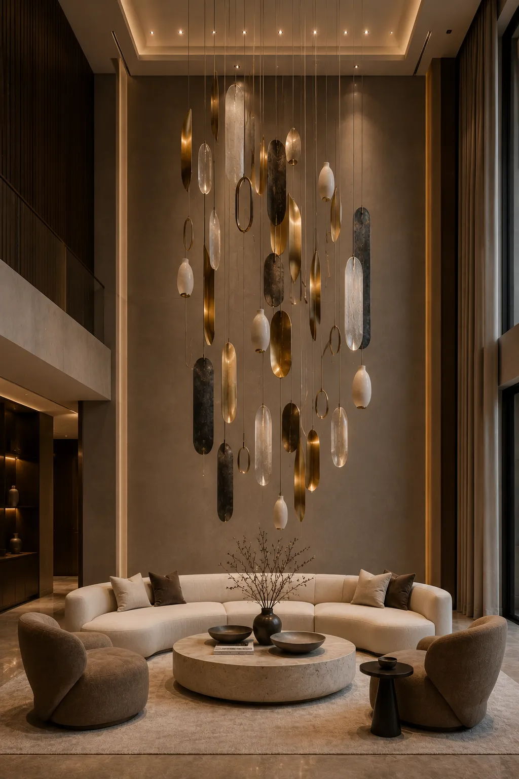 Luxury double height living room featuring a suspended sculptural art installation with brushed brass, dark metal, translucent glass, and ceramic forms hanging at varied heights above a curved cream sofa, stone coffee table, and modern neutral furniture.