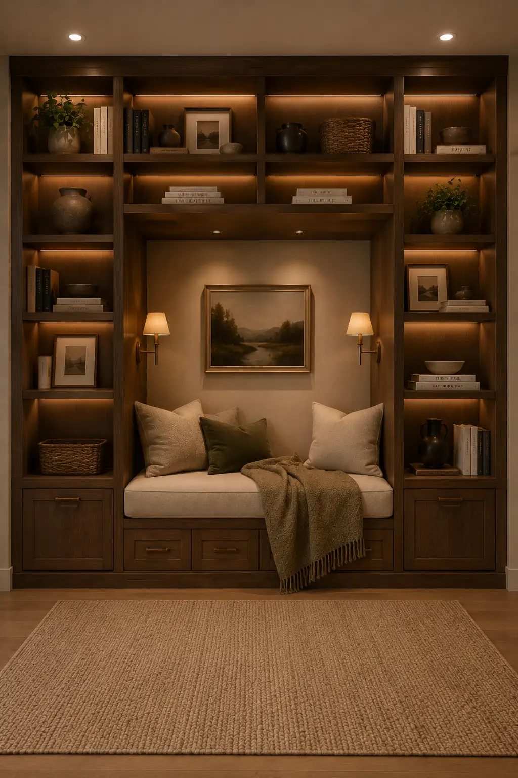 Cozy built in bookshelf reading nook surrounded by rich dark wood shelving, warm integrated lights, books, woven baskets, framed artwork, ceramic decor, soft neutral pillows, a textured throw blanket, and practical storage drawers beneath the cushioned bench.