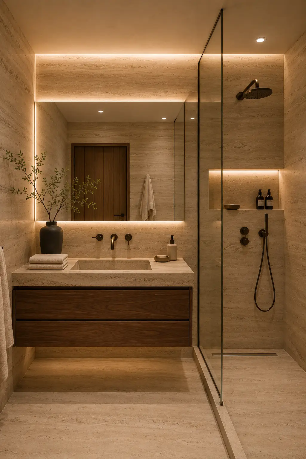 Modern stone look small bathroom with warm travertine walls and flooring, dark walnut floating vanity, integrated stone basin, oversized illuminated mirror, frameless glass walk in shower, dark bronze rainfall shower fixtures, recessed niche, and warm concealed LED lighting.