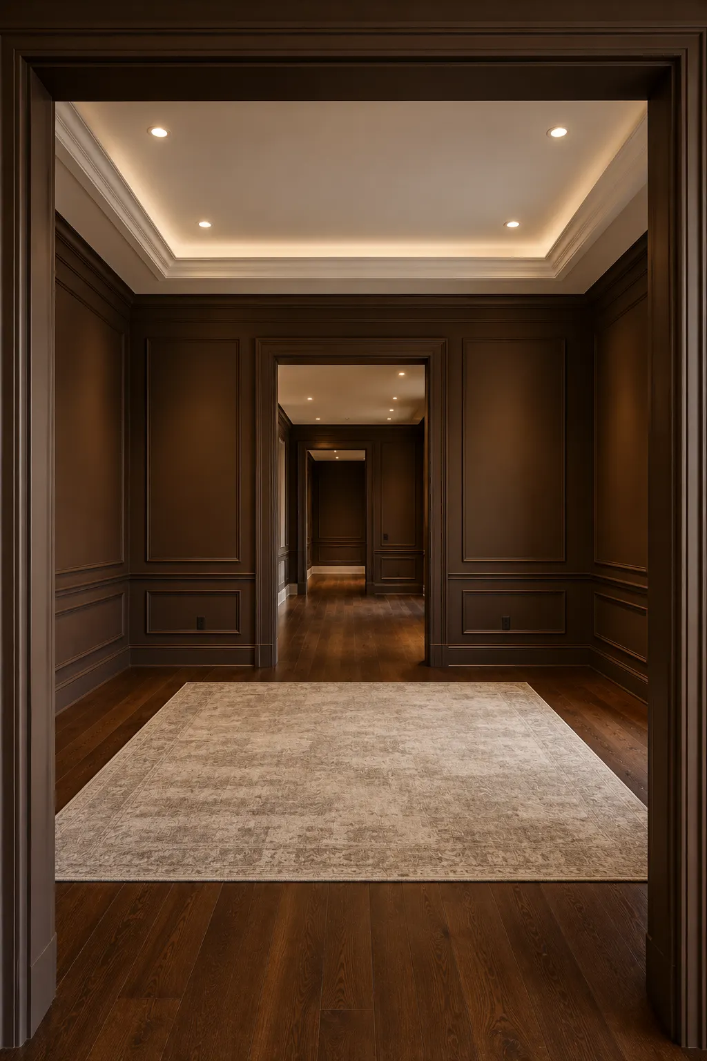 Empty luxury living room with deep chocolate brown painted walls, elegant traditional panel molding, dark walnut wood flooring, warm recessed ceiling lighting, layered ceiling trim, and a large vintage inspired neutral area rug.