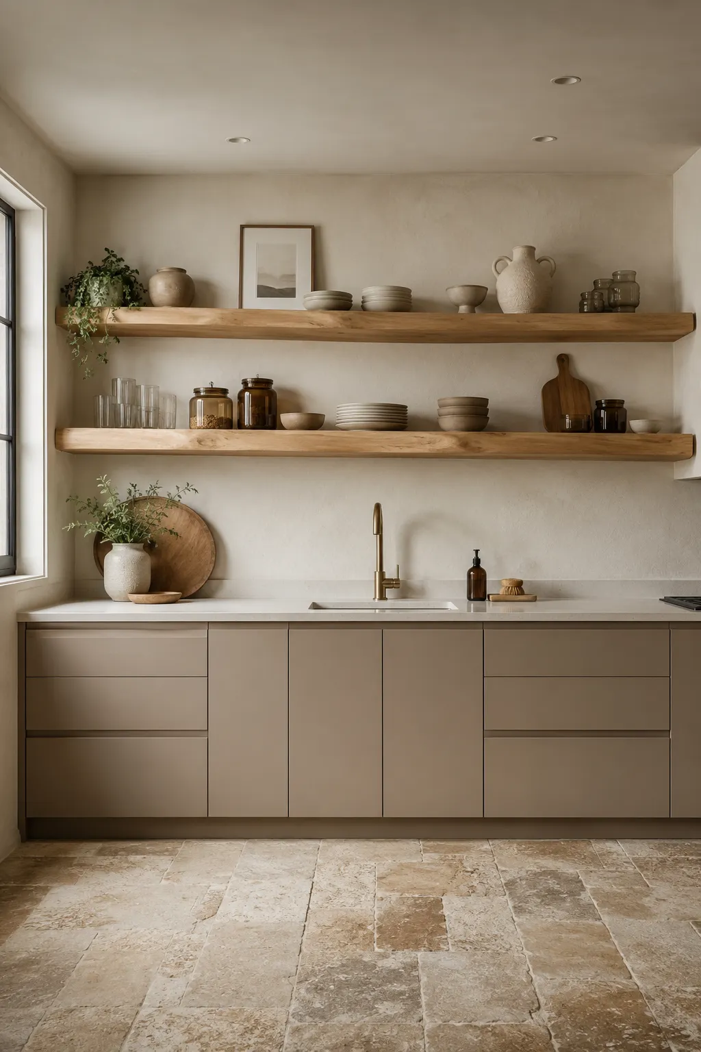 Airy organic modern kitchen featuring two extra long natural wood open shelves with rounded edges, styled with neutral ceramic plates, pottery, amber storage jars, clear glassware, framed art, greenery, wood cutting boards, taupe cabinets, and natural stone flooring.