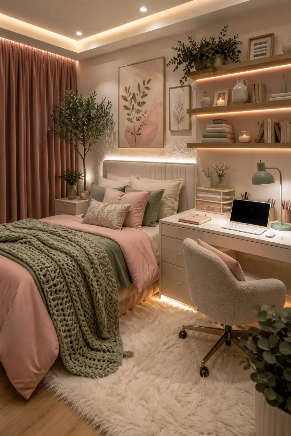 Pink and sage green dorm room with blush bedding, sage green throw blanket, botanical wall art, floating wooden shelves, white study desk, boucle chair, indoor plants, plush cream rug, warm LED lighting, and cozy dorm room inspiration.
